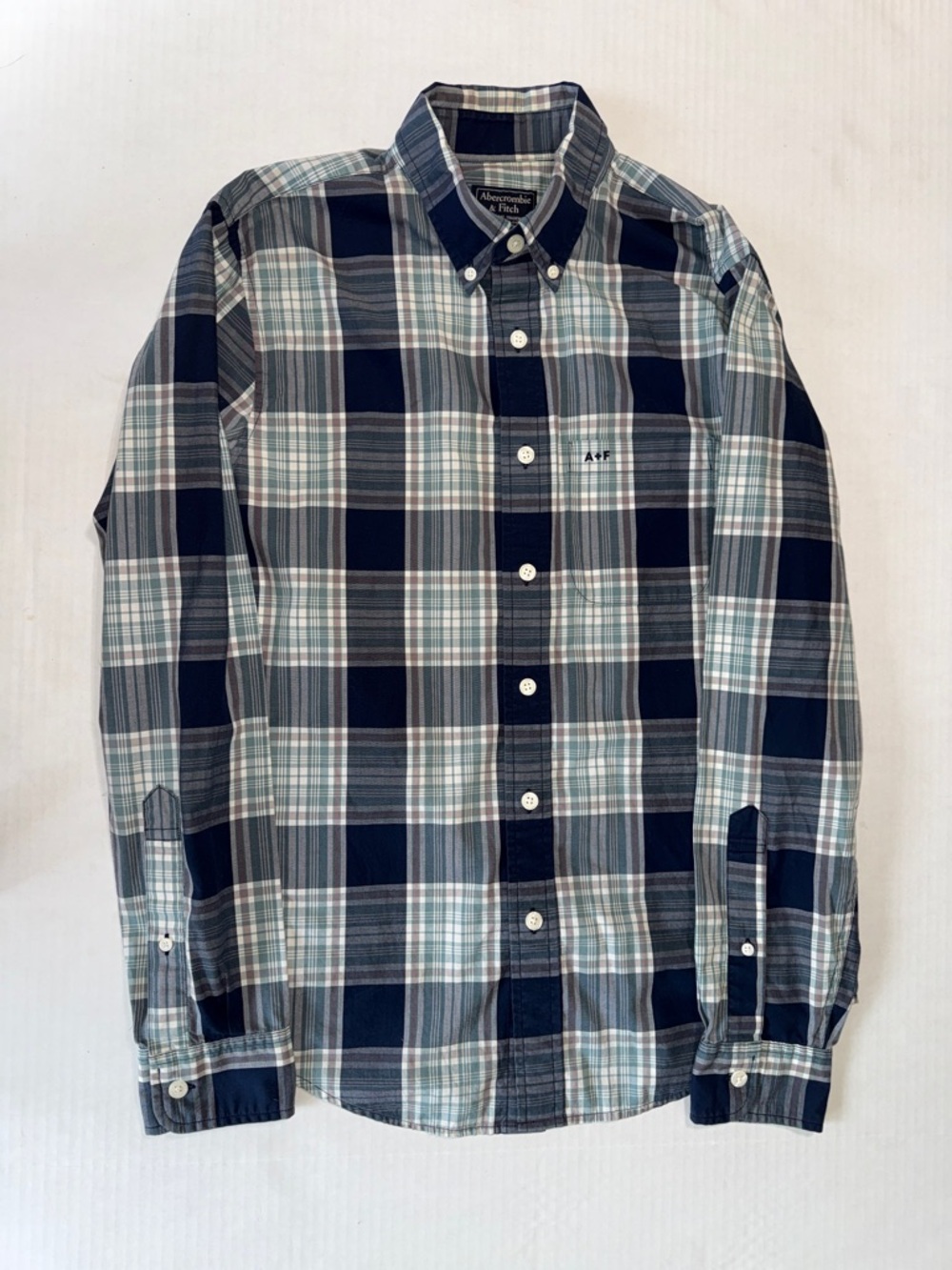 Abercrombie & Fitch Navy, Light Blue and White Plaid Button-Down Shirt